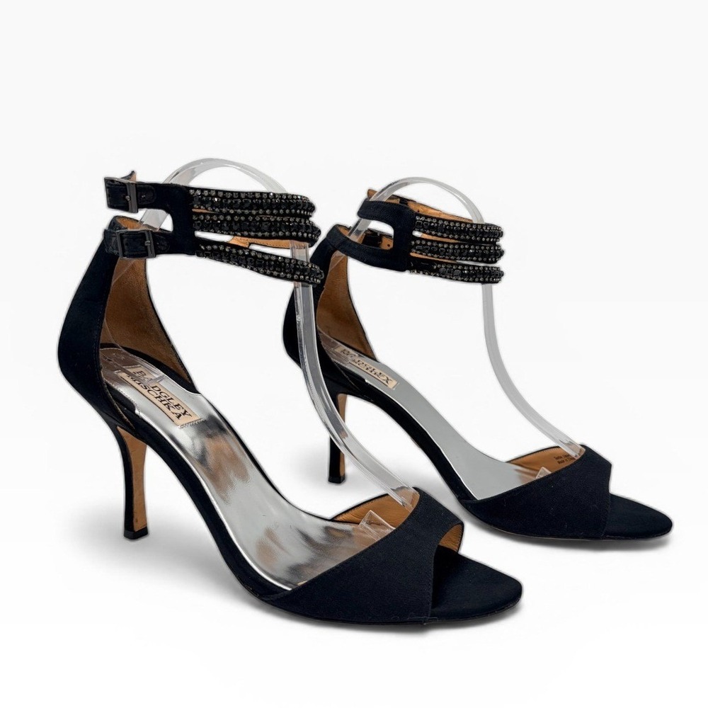 Badgley Mischka Black Crystal Ankle Strap Sz 10 Satin‎ Evening Sandals Heels